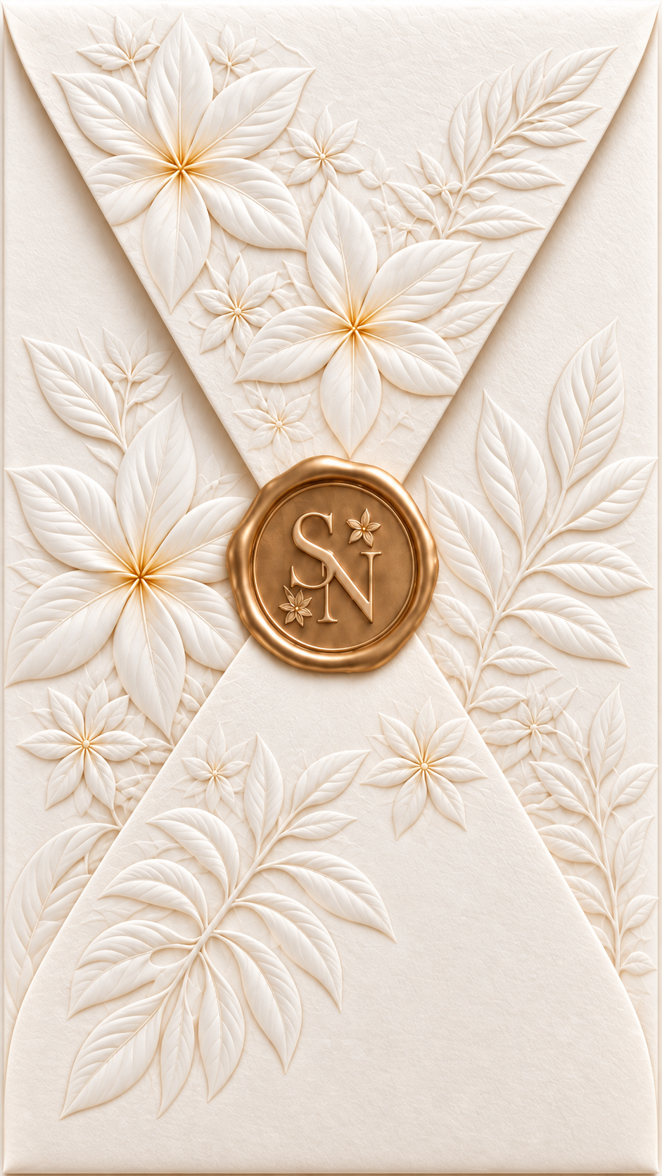 Notre enveloppe ivoire, fleurs en relief et sceau doré S et N
